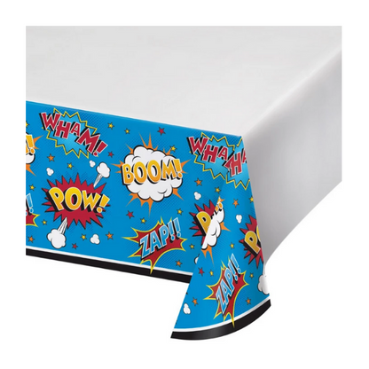 superhero slogan plastic tablecover with action words with wham, boom, pow, zap