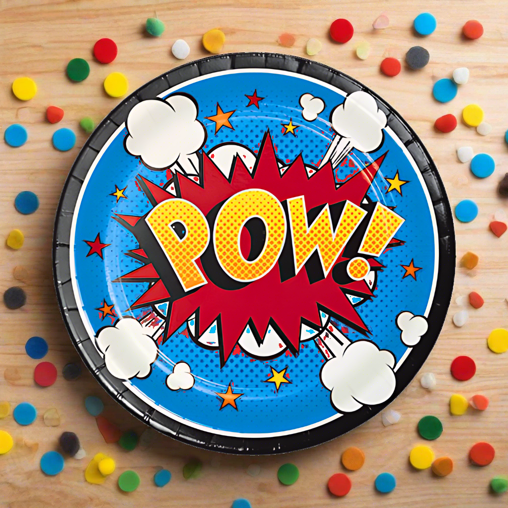 superhero slogan, 7 inch dessert plate with "pow" action word with confetti on wodden table