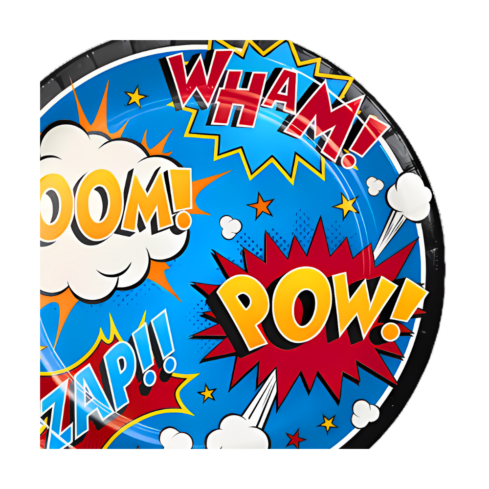 superhero slogan birthday party 9 inch dinner plate, wham, boom, pow, zap close-up