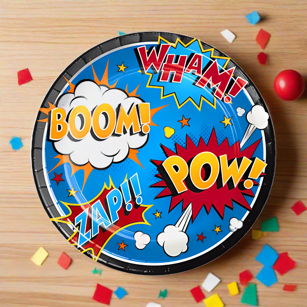 superhero slogan birthday party 9 inch dinner plate, wham, boom, pow, zap, superhero party dinner plate, disposable superhero plates