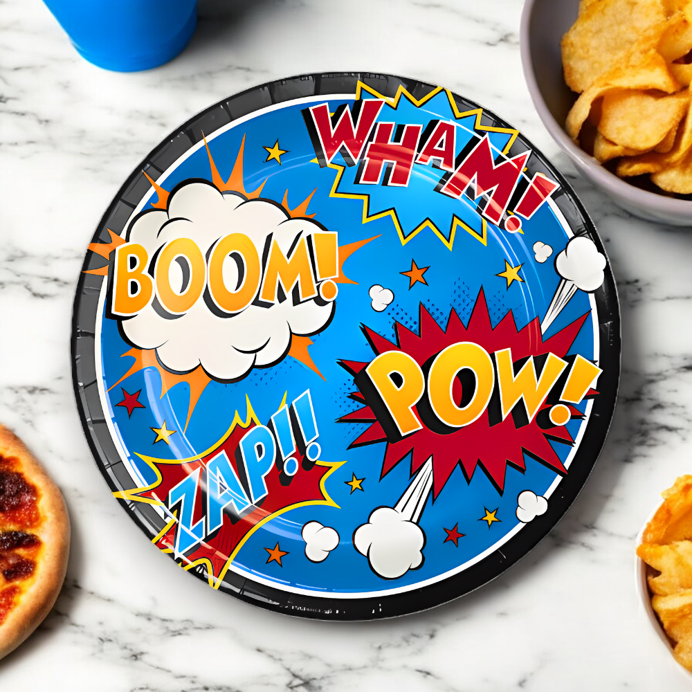 superhero slogan birthday party 9 inch dinner plate, wham, boom, pow, zap, superhero party dinner plate, disposable superhero plates