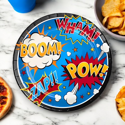 superhero slogan birthday party 9 inch dinner plate, wham, boom, pow, zap, superhero party dinner plate, disposable superhero plates