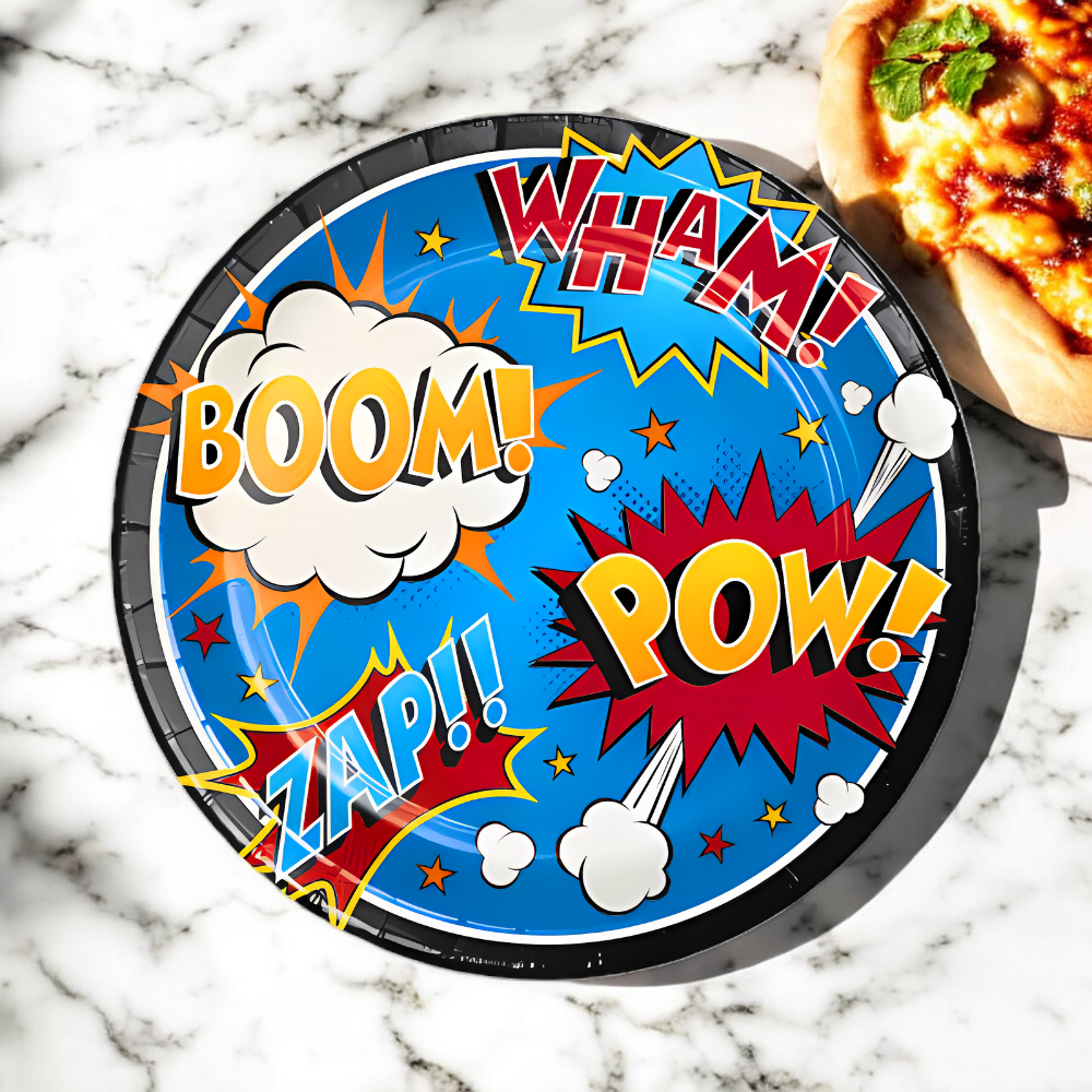 superhero slogan birthday party 9 inch dinner plate, wham, boom, pow, zap, superhero party dinner plate, disposable superhero plates