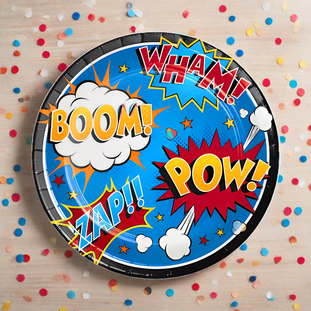 superhero birthday party paper dinner plate on wooden table with confetti
