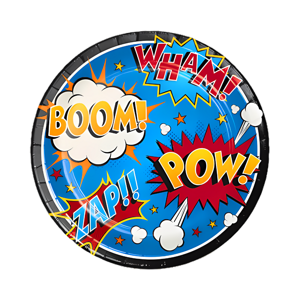 superhero slogan birthday party 9 inch dinner plate, wham, boom, pow, zap, superhero party dinner plate, disposable superhero plates