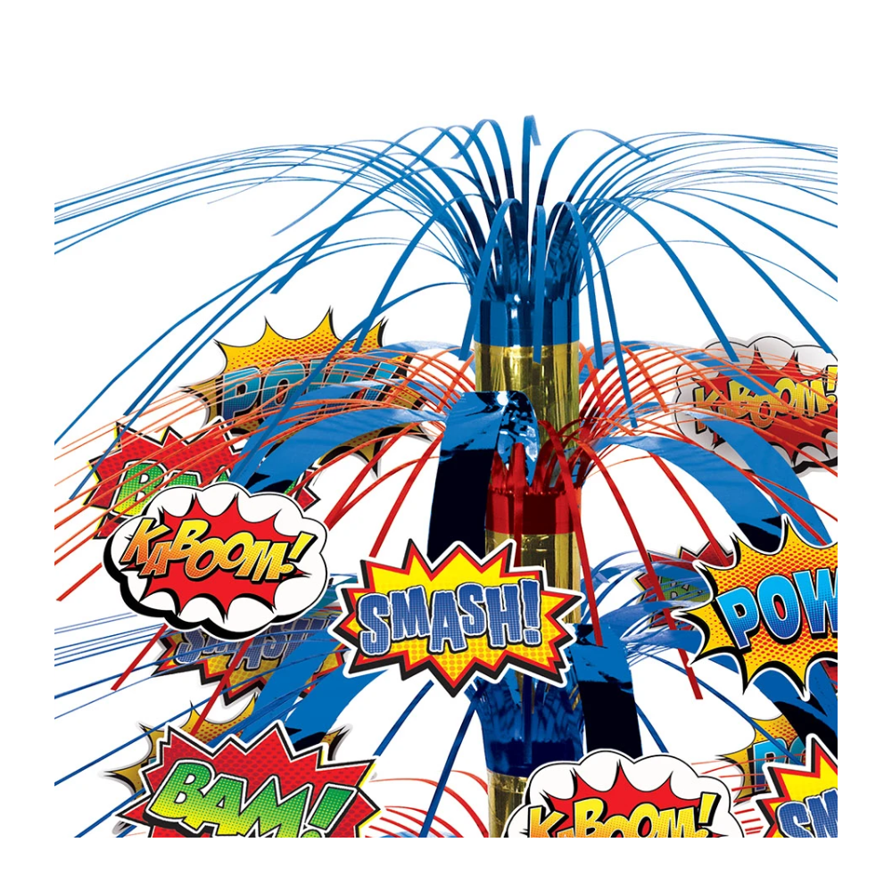 Superhero slogan birthday party cascade centerpiece with Kaboom, Pow, Smash, Pow, Bam