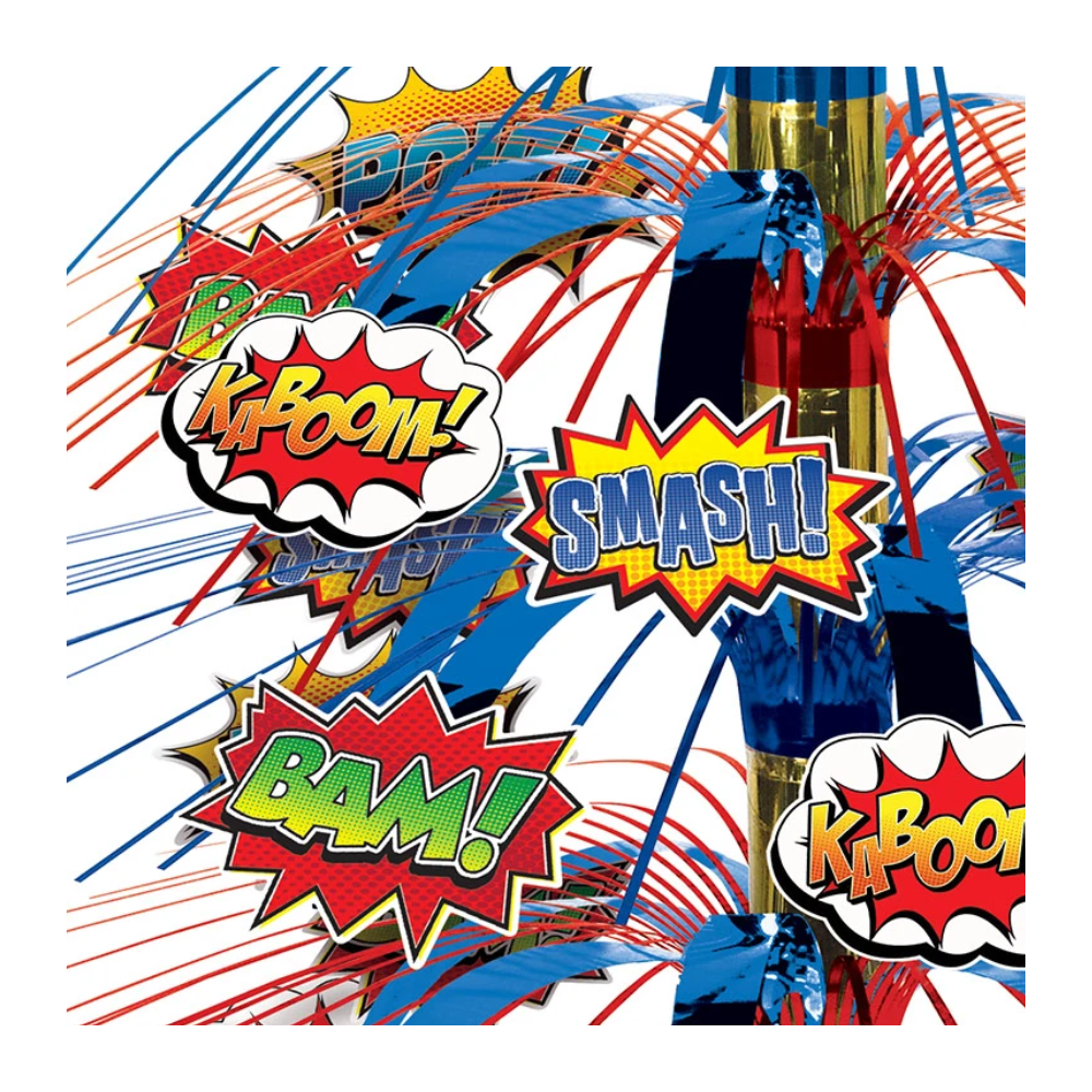 Superhero slogan birthday party cascade centerpiece with Kaboom, Pow, Smash, Pow, Bam