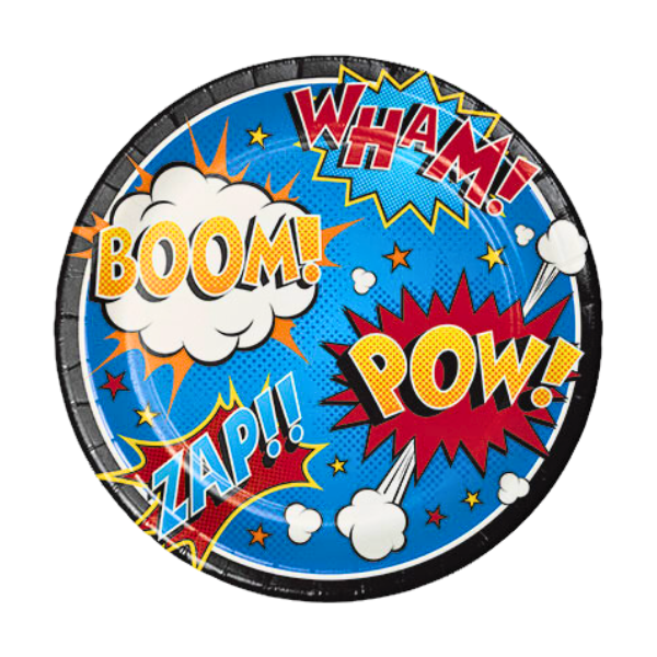 superhero slogan 9" dinner plate with action words boom, wham, pow, zap