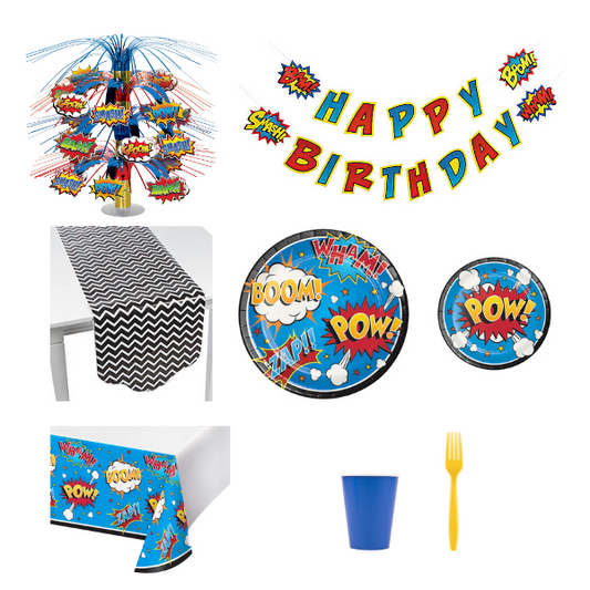 superhero slogan party bundle with centerpiece, happy birthday banner, tablerunner, tablecover, plates, cup and yellow fork