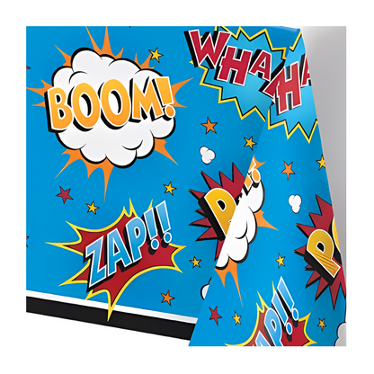 Superhero slogans birthday party plastic tablecover with Pow, Boom, Zap, Wham close-up of slogans