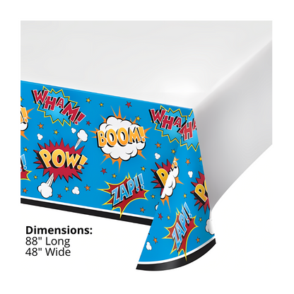 Superhero slogans birthday party plastic tablecover with Pow, Boom, Zap, Wham dimensions