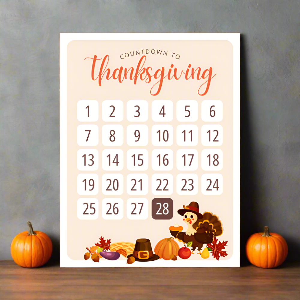 thanksgiving countdown calendar poster 2024 on matte cardstock 8.5" x 11"