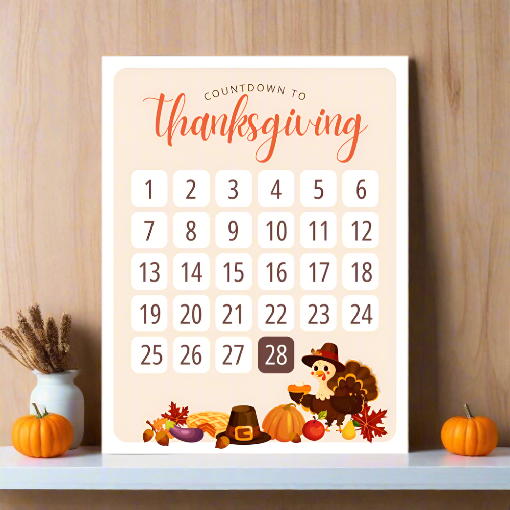 thanksgiving countdown calendar poster 2024 on matte cardstock 8.5" x 11"