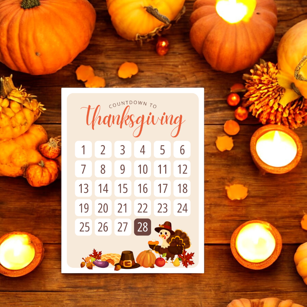 thanksgiving countdown calendar poster 2024 on matte cardstock 8.5" x 11"