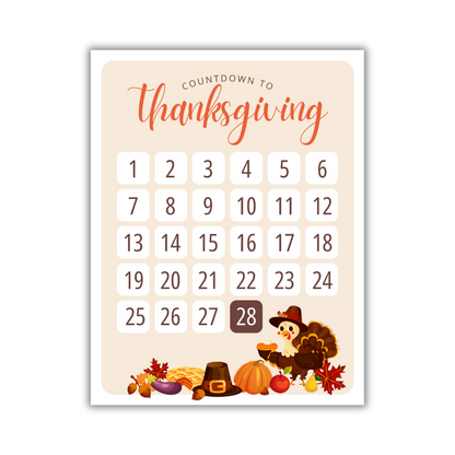 thanksgiving countdown calendar 2024, thanksgiving countdown november 28th, matte cardstock 8.5" x 11"