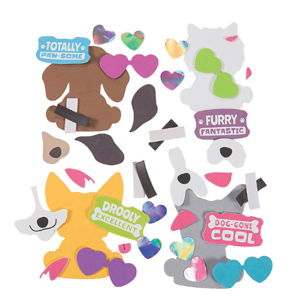 Valentine's Day craft kits with four types of dogs in sunglasses holding signs with fun sayings kit pieces