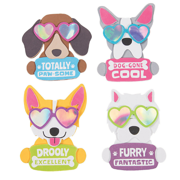 Valentine's Day craft kits with four types of dogs in sunglasses holding signs with fun sayings