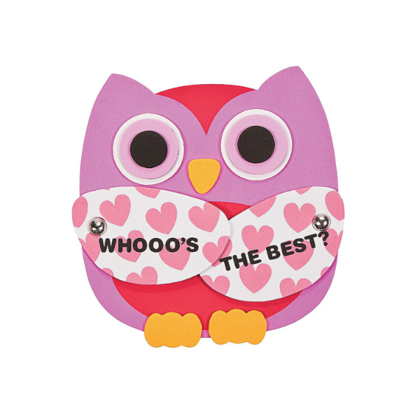 Large foam valentine's craft with owl and a saying of "whooo's the best"