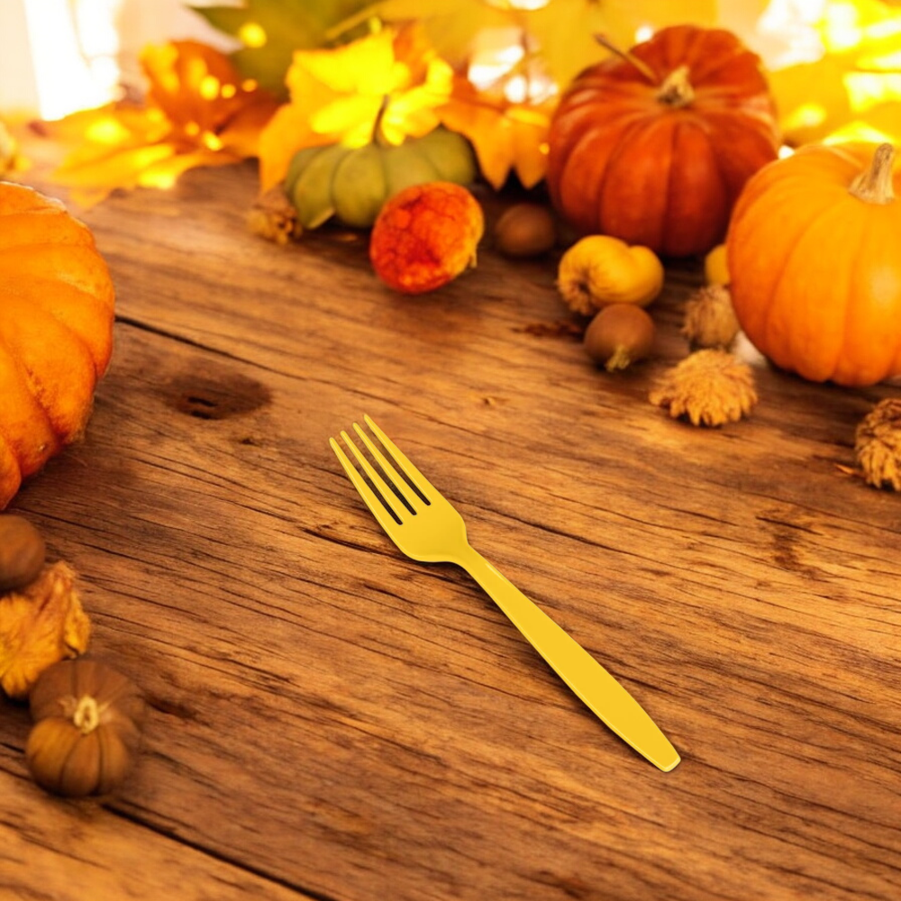 yellow heavy duty plastic fork for yellow themed parties, superhero themed parties with bright confetti on wood table, thanksgiving tableware