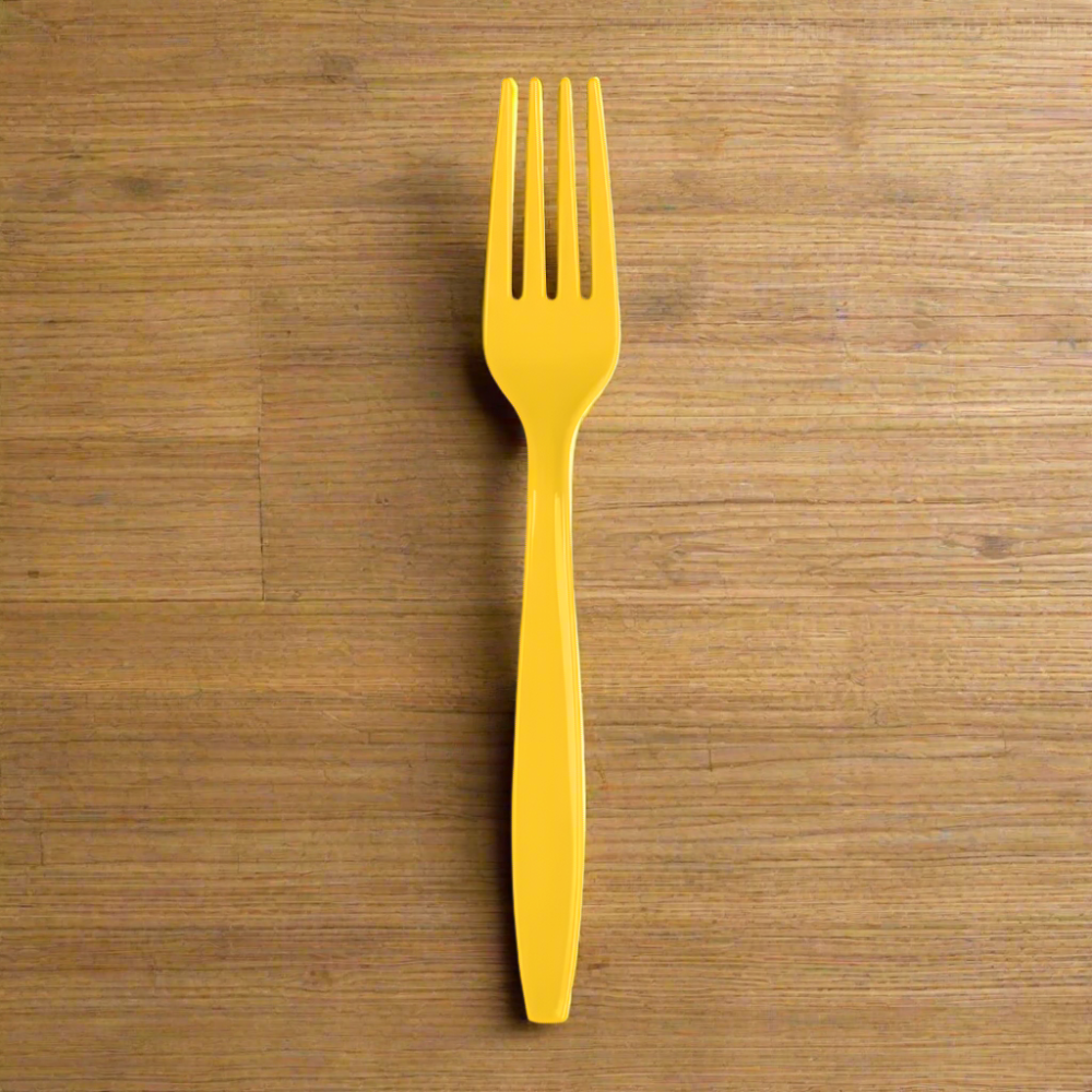 yellow heavy duty plastic fork for yellow themed parties, superhero themed parties