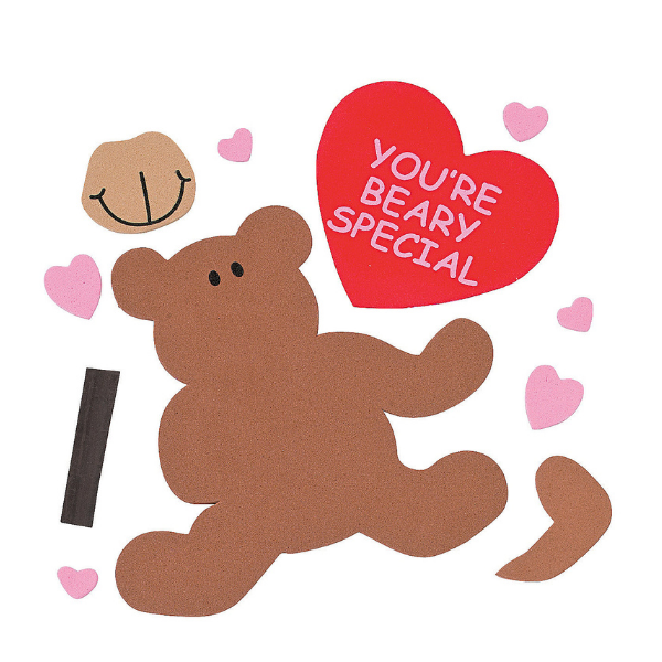 a brown bear valentine's day foam craft holding a heart that says "you're beary special" kit pieces