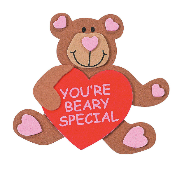 a brown bear valentine's day foam craft holding a heart that says "you're beary special"