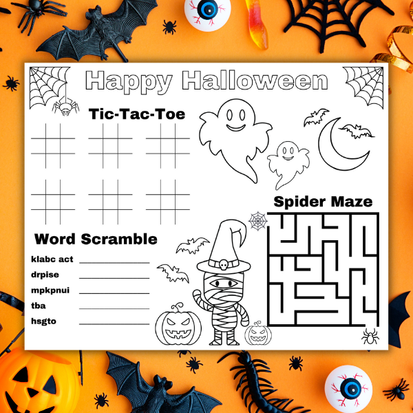 printable halloween coloring and activity placemat