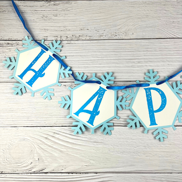 Turquoise snow princess happy birthday banner with ribbon