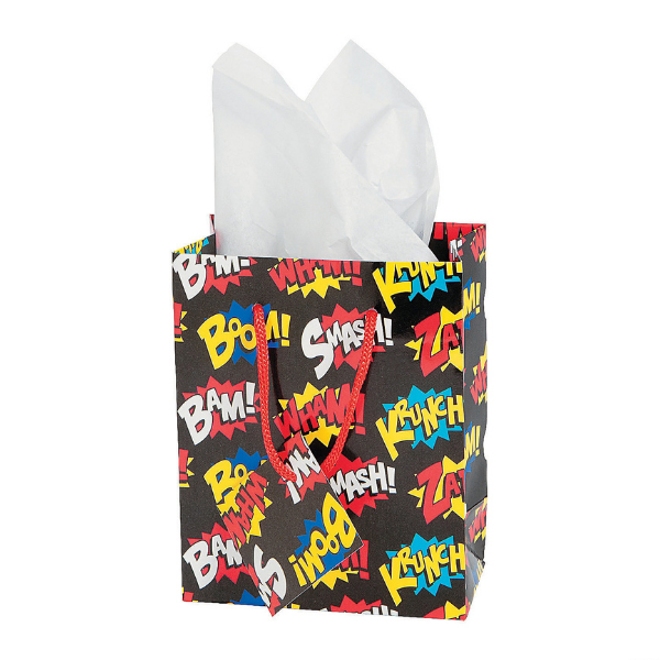 black, white, blue, yellow and red superhero slogans birthday party favor bags, krunch, bam, boom, zap