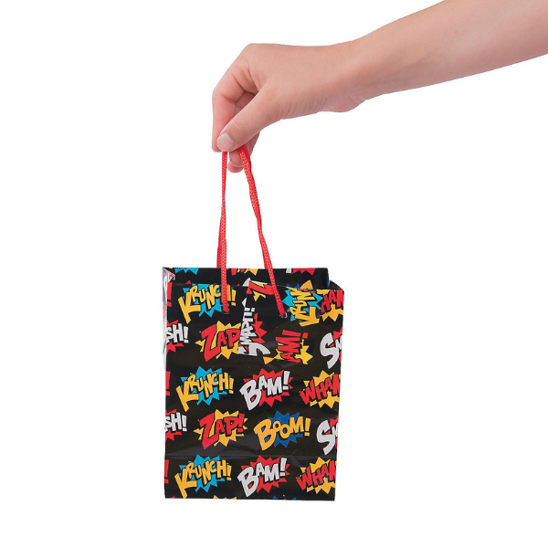 superhero slogans birthday party favor bags, krunch, bam, boom, zap